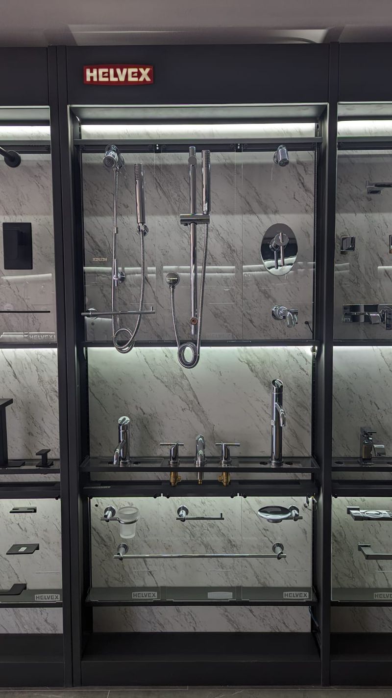 Wall module detail with faucets and bath accessories