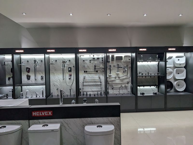 Wall modules displaying toilets and washbasins