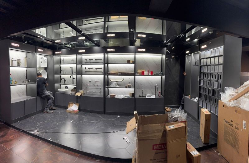 Display walls with lit shelves